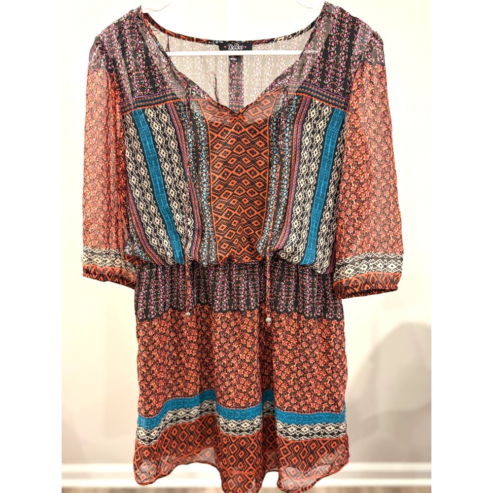 Boho Festival Western Printed Chiffon Mini Dress V-Neck Elastic Waist Size L